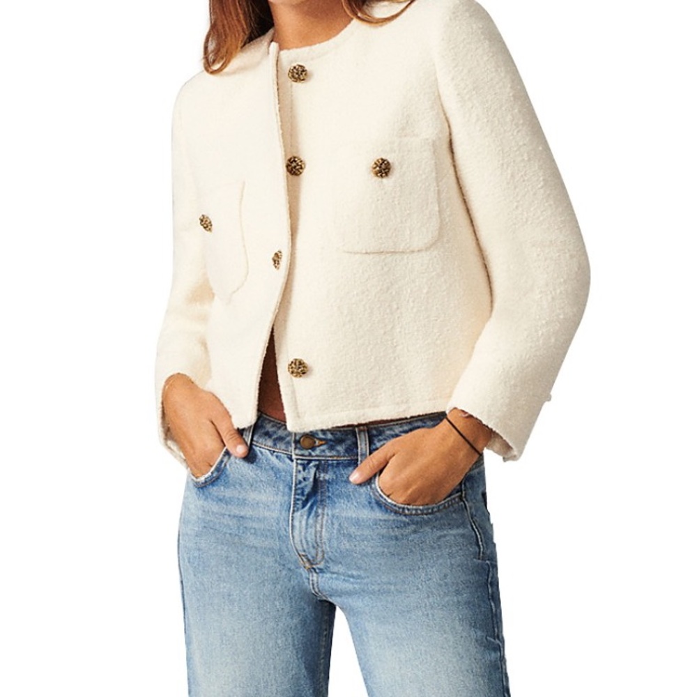 ba&sh Cream Bouclé Cropped Jacket with Gold Buttons